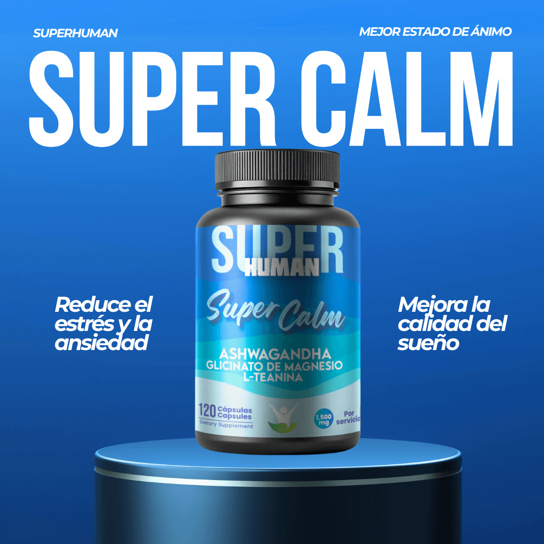 Super Calm™ - Cápsulas de L-Teanina, Ashwagandha y Glicinato de Magnesio.  Reduce el Cortisol, Relajación y Enfoque Total.  100% Natural (120 Cápsulas) - SuperHuman™"